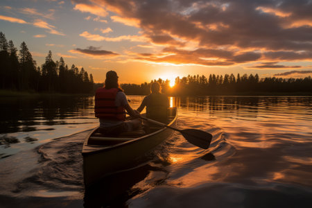 Person paddling a canoe on a tranquil lake at sunset with beautiful clouds and forest silhouette.の素材
