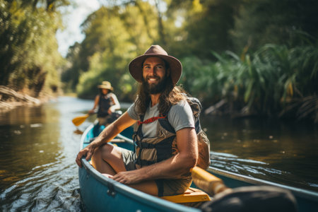 Man with a beard wearing a hat smiling while canoeing on a tranquil river, surrounded by lush greenery.の素材