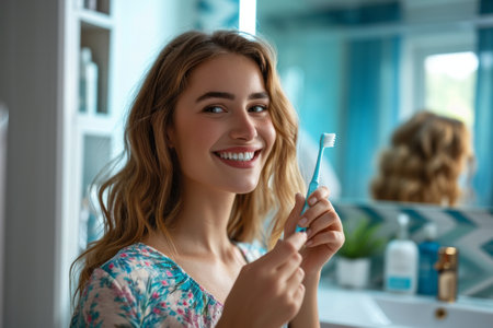 Young woman smiling and holding a toothbrush in a bright bathroom.の素材