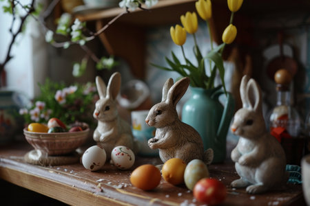 Easter-themed still life with bunny figurines and colorful eggs on a wooden table, with flowers in the background.の素材