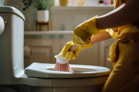 Person in yellow gloves scrubbing a sink with a brush, depicting house cleaning.の素材