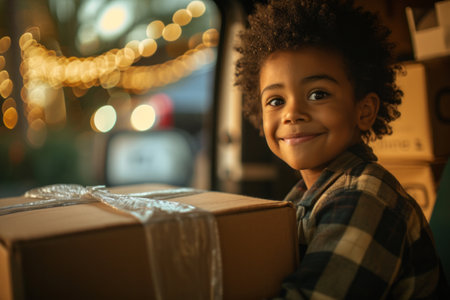 Young child with a joyful expression holding a gift box, with warm festive lights in the background.の素材