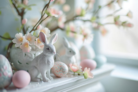 Easter elegance unveiled: a delightful tapestry of vibrant eggs and a charming rabbit. Explore the artistry of this festive display, a celebration of joyous traditions.の素材