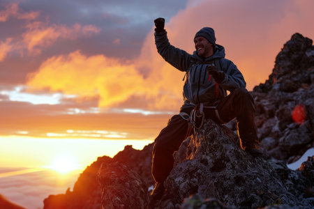 "Sunrise triumph: A happy man reaches new heights, standing tall on a mountain summit, embracing the morning glow. Summit serenity: A triumphant man atop a mountain greets the sunrise, a moment of pure joy and accomplishment.の素材