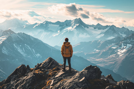 "Sunrise triumph: A happy man reaches new heights, standing tall on a mountain summit, embracing the morning glow. Summit serenity: A triumphant man atop a mountain greets the sunrise, a moment of pure joy and accomplishment.の素材
