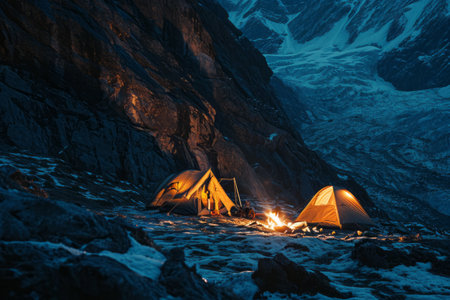 Campfire by a lake at night with starry sky, people sitting around the fire, and a tent nearby.の素材