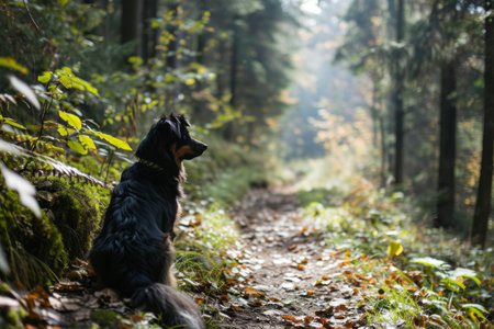 Dog sitting on a forest path surrounded by autumn foliage, conveying a sense of tranquility and nature.の素材