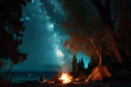 Campfire by a lake at night with starry sky, people sitting around the fire, and a tent nearby.の素材