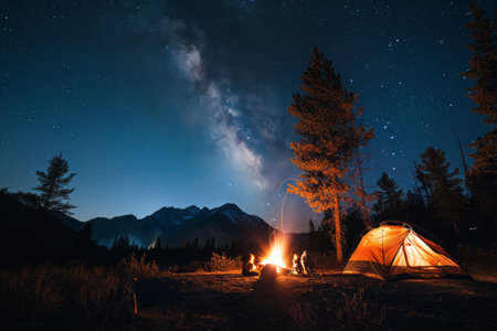 Campfire by a lake at night with starry sky, people sitting around the fire, and a tent nearby.の素材