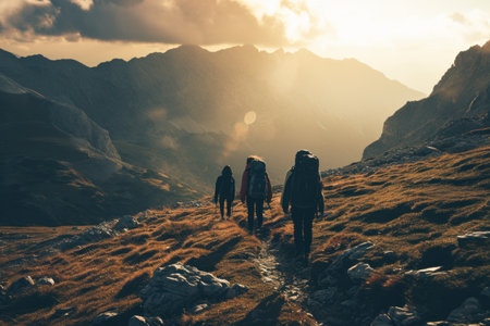 Group of hikers trekking in mountainous terrain at sunset, with warm sunlight casting long shadows.の素材