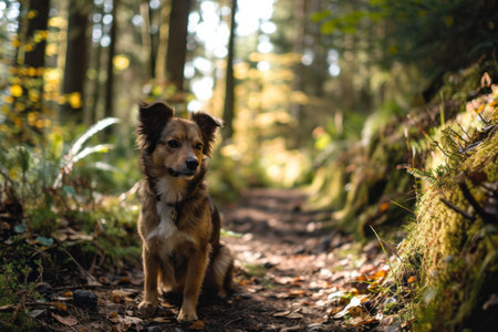 A dog sitting on a forest path surrounded by lush greenery and sunlight filtering through the trees.の素材
