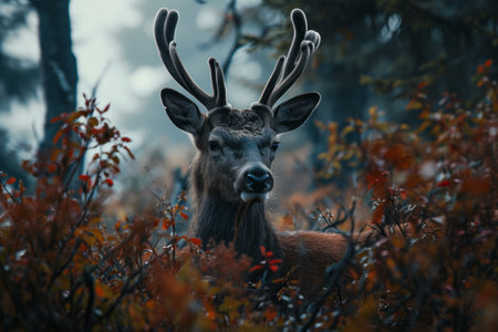 Majestic deer with antlers in a misty forest, surrounded by autumn foliage.の素材