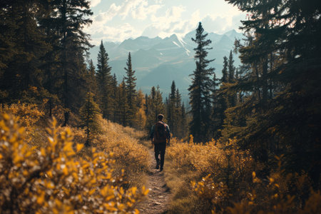 Person hiking on a forest trail with autumn foliage and mountain backdrop.の素材