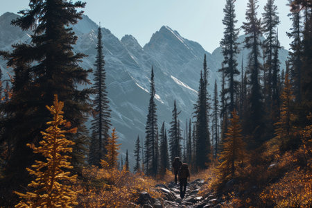 Hiker on a forest trail with autumn foliage and majestic mountain backdrop.の素材