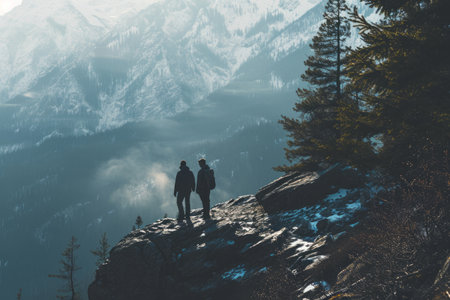 Two hikers on a mountain trail overlooking a misty alpine landscape.の素材