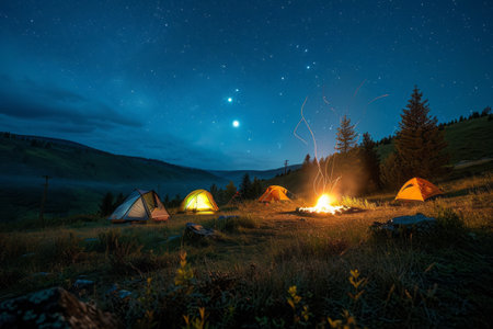 Campfire by a lake at night with starry sky, people sitting around the fire, and a tent nearby.の素材