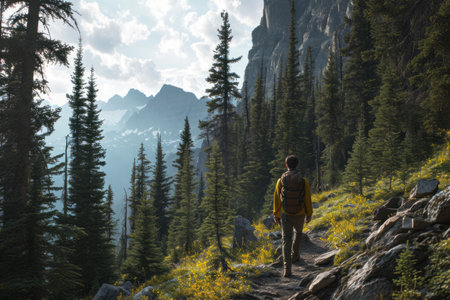 A hiker with a backpack walking on a forest trail with towering pine trees and mountain peaks in the distance.の素材