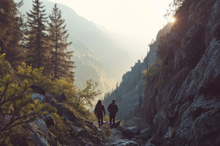 Two hikers walk on a mountain trail at sunrise, with misty forested peaks in the background.の素材