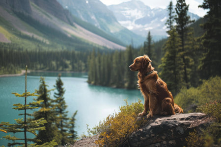 Dog sitting by a mountain lake with pine trees and snowy peaks in the background.の素材