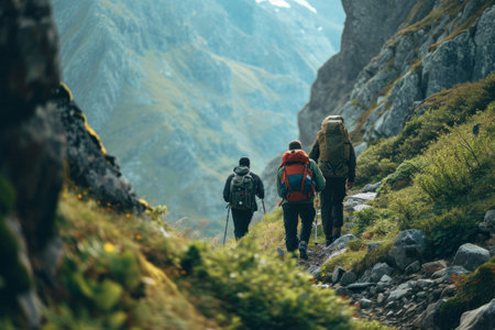 Group of hikers trekking in scenic mountain pass with lush green slopes.の素材
