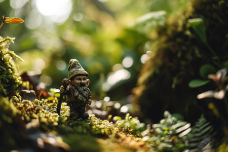 A whimsical garden gnome statue amidst lush greenery with soft, natural lighting.の素材