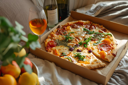 Cozy dinner setting with a box of pizza, a glass of rose wine, and fresh fruits on a bed with soft lighting.の素材