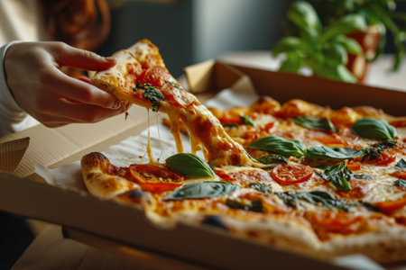 Hand taking a slice of fresh pizza with melting cheese, tomatoes, and basil from a pizza box.の素材