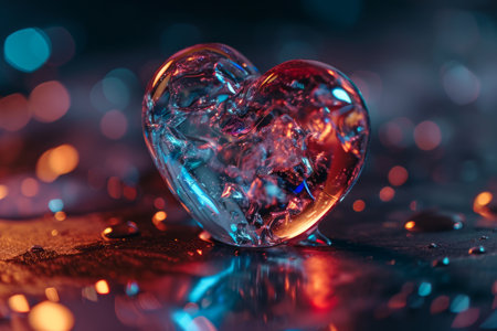 Crystal heart on a reflective surface with colorful bokeh lights in the background.の素材