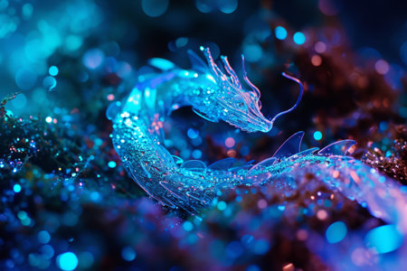 Abstract digital art of a glowing blue dragon amidst sparkling lights with a bokeh effect, suitable for fantasy backgrounds.の素材