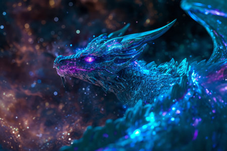 Mystical cosmic dragon with sparkling scales against a starry space background, fantasy concept.の素材