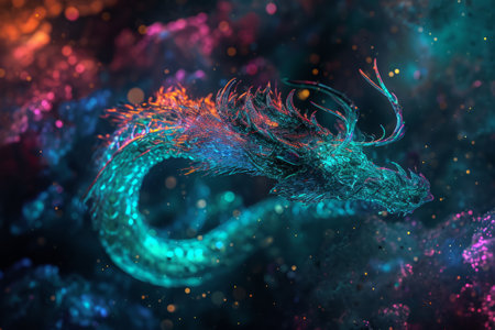 Abstract digital art of a glowing, fractal dragon in a mystical, colorful space setting. Suitable for fantasy backgrounds.の素材