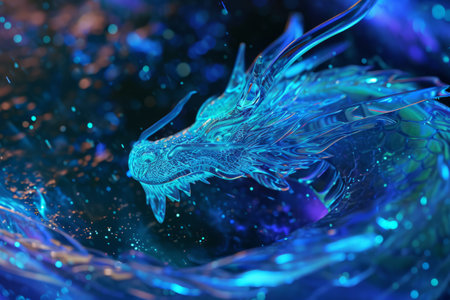 Mystical blue dragon in a sparkling cosmic environment, fantasy digital art.の素材