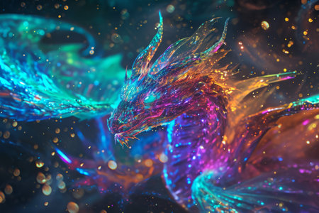 Vibrant digital art of a mythical dragon with iridescent scales amidst a sparkling cosmic background.の素材