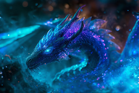 Mystical blue dragon with glowing eyes and scales, surrounded by magical energy in a dark, enchanted setting.の素材