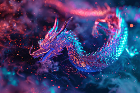 Vibrant digital art of a mythical dragon with iridescent scales amidst a mystical, colorful nebula background.の素材