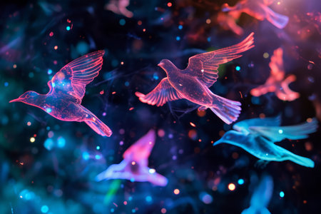 Abstract digital art of glowing birds in flight against a cosmic, starry background with vibrant colors.の素材