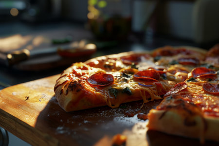 Freshly baked pepperoni pizza with melted cheese on a wooden board, highlighted by warm sunlight.の素材