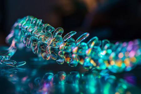 Close-up of a spiral metallic object with blue lighting and bokeh background.の素材