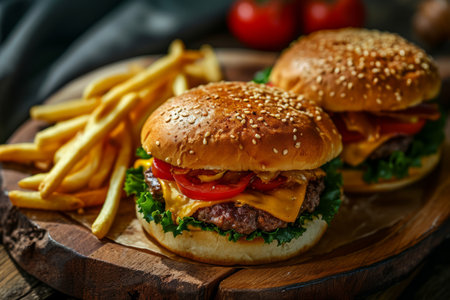 Juicy cheeseburgers with lettuce and tomato, served with golden fries on a wooden table, with a blurred background.の素材