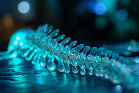 Close-up of a spiral metallic object with blue lighting and bokeh background.の素材