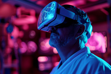 Man experiencing virtual reality with a VR headset in a room with neon lighting.の素材