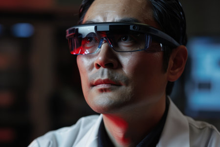 Asian man wearing augmented reality glasses with reflective colored lights on lenses.の素材