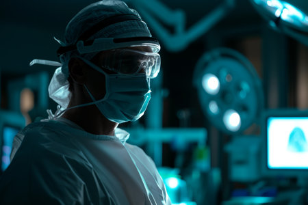 Surgeon in scrubs with face mask and headlight in a dimly lit operating room, focused and ready for surgery.の素材