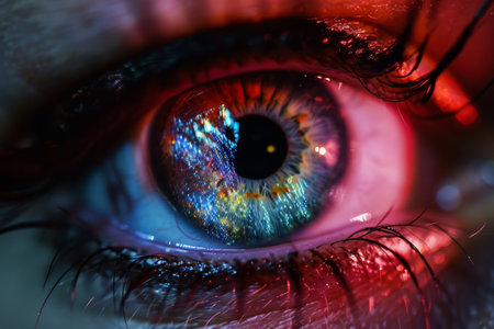 Close-up of a human eye with vibrant colors and detailed iris texture, highlighting natural beauty and complexity.の素材