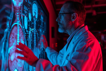 Doctor analyzing futuristic digital interface of human anatomy in red light.の素材