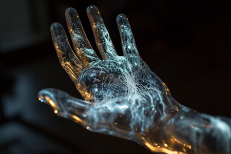 Close-up of a hand with a futuristic holographic network pattern overlay, symbolizing technology and connectivity.の素材