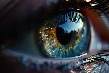Close-up of a human eye with intricate details, showing the iris and pupil with a reflection that adds depth and mystery.の素材