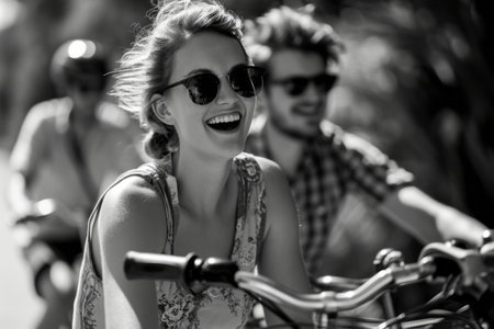Joyful couple on a bike ride in sunny weather, black and white photo.の素材