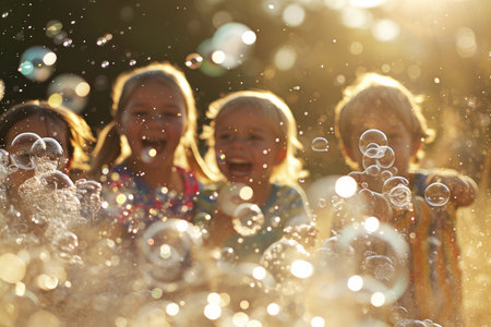 Joyful children playing with bubbles in sunlight, capturing laughter and happiness.の素材
