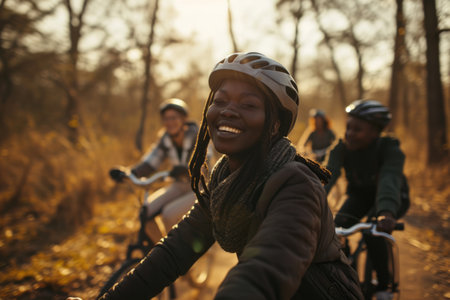 Group of cyclists enjoying a ride in the forest at sunset, with focus on a joyful woman leading the way.の素材